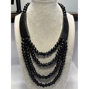 VTG Multi Strand Necklace Statement Horn Beaded Black Boho Tribal Western 19"